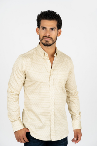 Platini Men's Cotton Crème Monogram Digital Print Dress Shirt