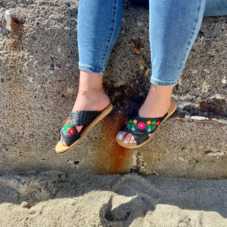 "Rosarita" Women's Flower Sandals - Black