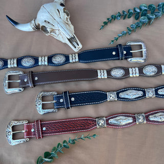 Tooled Scalloped Concho Western Belt - Chestnut