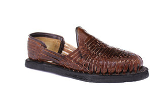 Side view of classic café colored leather closed toe men's huarache with a black outer-sole