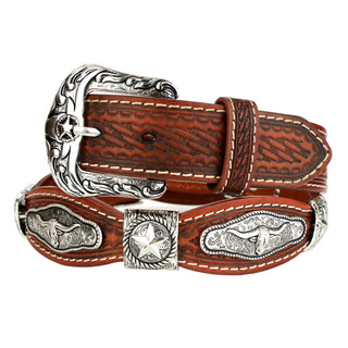 Tooled Scalloped Concho Western Belt - Chestnut