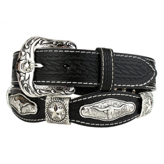 Tooled Scalloped Concho Western Belt - Black