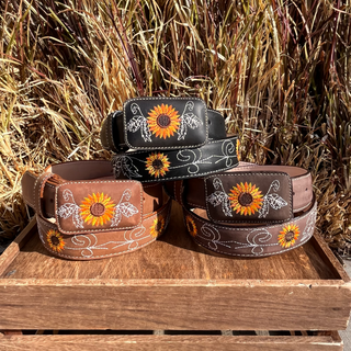 Leather Sunflower Belt w/ Square Buckle - Honey
