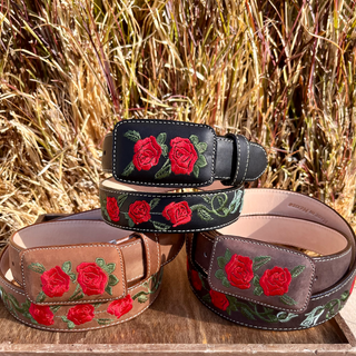Leather Rose Belt w/ Square Buckle - Black