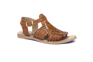 Side view of an opened toe leather woven sandal in the color honey