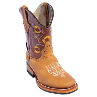 Honey colored leather boot with a sunflower embroidery