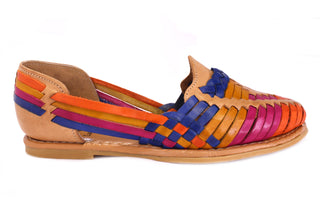 Side view of classic leather woven honey and multicolor huarache