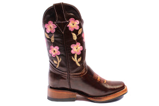 Side view of a leather boot with a pink and tan embroidery