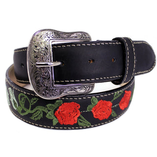 Leather Rose Belt w/ Silver Buckle - Black
