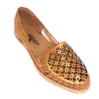 Classic honey colored leather huarache with a cut out designed face
