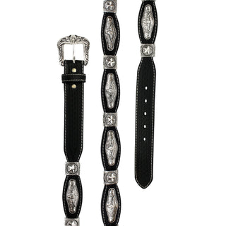 Tooled Scalloped Concho Western Belt - Black