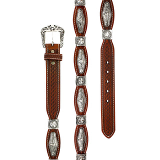 Tooled Scalloped Concho Western Belt - Chestnut