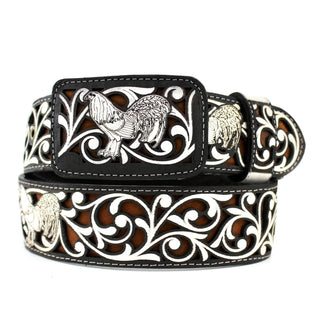 Laser Cowboy Belt w/ Rooster Buckle- White & Brown