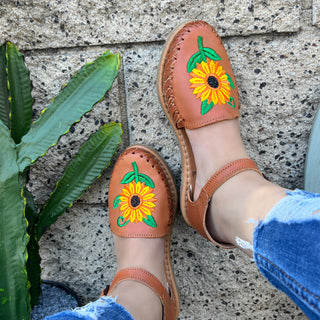 "Marisol" Women's Embroidered Sunflower Huarache - Honey