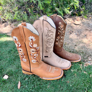 Bandoleros Square Toe Flower Embroidery Cowgirl Boots - Sand