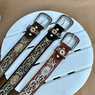 Laser Cowgirl Belt w/ Silver Buckle - Café