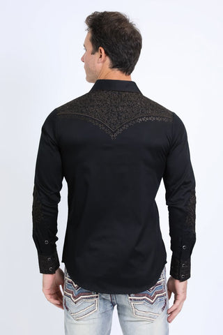 embroidery western shirt and buttons on the collar, pockets and sleeves is made from 100% cotton back view 