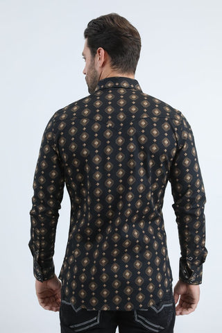 Men's Western Modern Fit Cotton/Spandex Long Sleeve Shirt with Snaps (Back View)