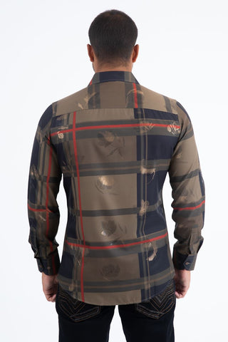 Mens Modern Fit Stretch Foil Fashion Shirt- Brown