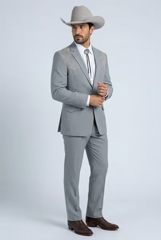 Platini Men's Western Suit with Suede Yoke gray two-piece suit with suede lapels. side angle