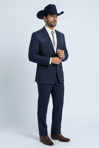 Platini Men's Western Suit with Suede Yoke- Navy