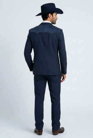 Platini Men's Western Suit with Suede Yoke- Navy