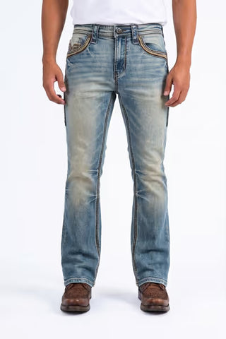 Platini men's Holt light blue slim bootcut western jeans with faded denim wash, whiskered detailing, contrasting triple stitching and bootcut leg openings.