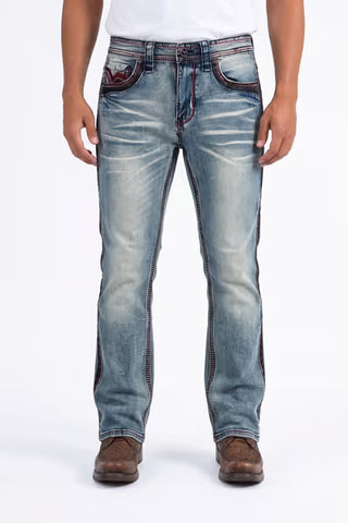 Platini men's Holt dark blue slim bootcut western jeans with faded denim wash, contrasting triple stitching and decorative front pockets.