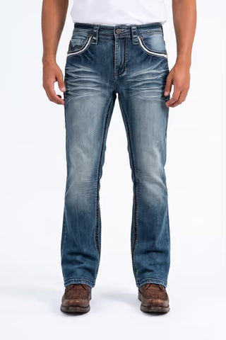 Platini men's Holt medium blue slim bootcut western jeans with faded wash, whiskered detailing, contrasting stitching and bootcut leg openings.