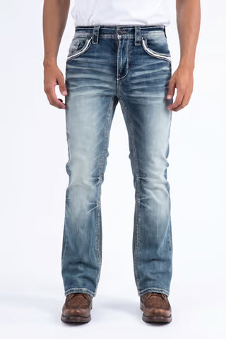 Platini men's Holt black slim bootcut western jeans with contrasting white stitching, faded detailing and classic five-pocket design.