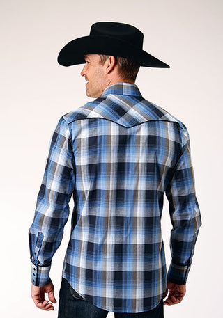 Roper Men's Blue Plaid Embroidered Long Sleeve Snap Western Shirt