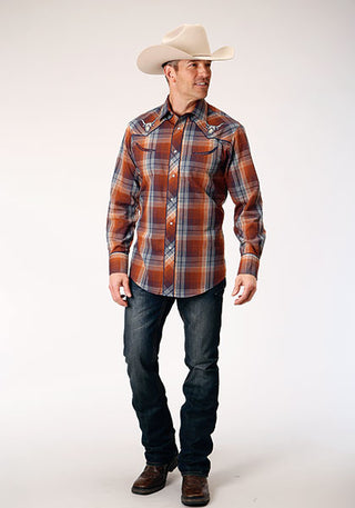 Roper Men's Red Plaid Embroidered Long Sleeve Snap Western Shirt