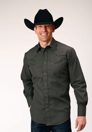 Roper Men's Charcoal Grey Embroidered Long Sleeve Snap Western Shirt