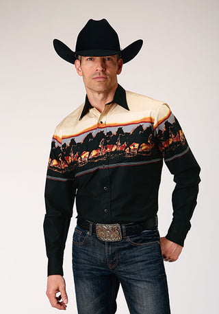 Roper Men's Vintage Horse Border Print Long Sleeve Snap Western Shirt