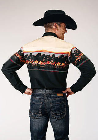 Roper Men's Vintage Horse Border Print Long Sleeve Snap Western Shirt