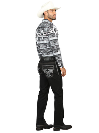 Centenario Men's Black Denim with Gray Embroidered Details