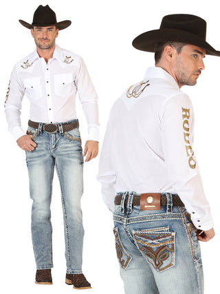 Men’s El General white embroidered bootcut jeans Western outfit front and back view