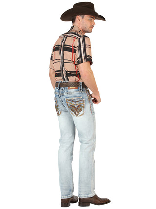 El General men’s light wash Western denim jeans with embroidered back pockets,