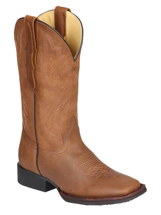 Brown square toe cowboy boot on a white background