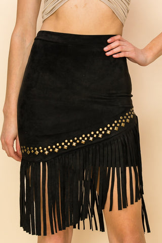 Fringe Skirt with Studs - Black