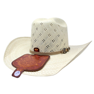 Angled view of 100X Ranger Flores Shantung Cowboy Hat with vented crown and brim