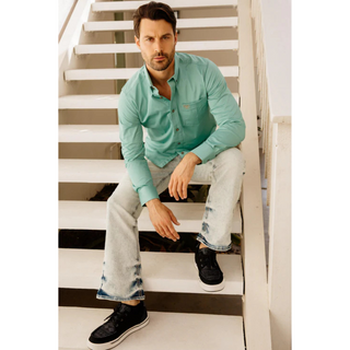 Platini Men's Single Pocket Logo Modern Fit Stretch Dress Shirt - Turquoise