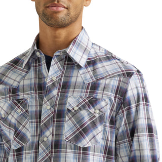 Wrangler Men's Retro Long Sleeve Sawtooth Snap Pocket Western Shirt- Blue Plaid