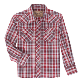 Boy's Wrangler Retro Western Snap Plaid Shirt- Red Grey Plaid