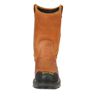 Brown work boot with rubber and black sole 