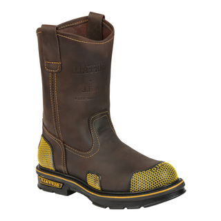 Brown work boot with yellow accents 
