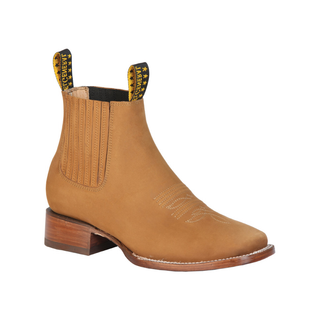Tan leather boot with yellow stitching