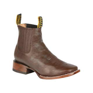 Brown leather boot with a visible brand logo