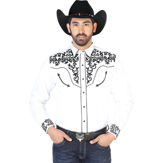 El General men’s white Western shirt with black embroidered yoke front view