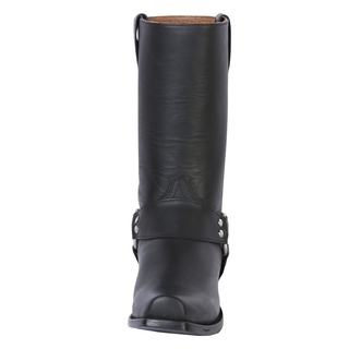 leather harness boot with silver ring detail and durable lug sole – classic motorcycle and western style boot.